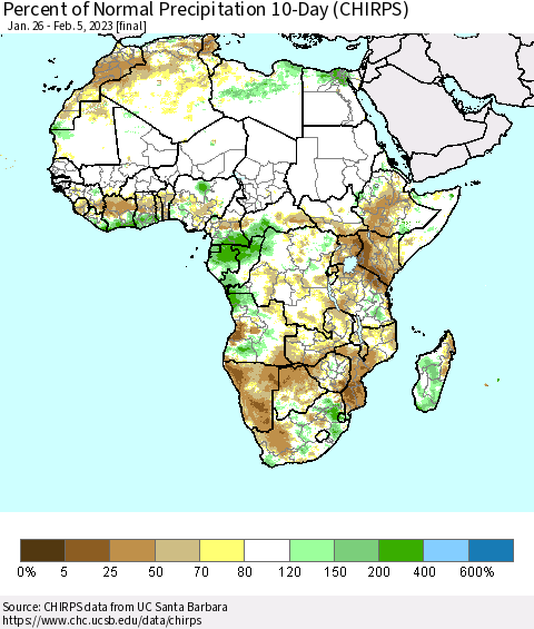Africa Percent of Normal Precipitation 10-Day (CHIRPS) Thematic Map For 1/26/2023 - 2/5/2023