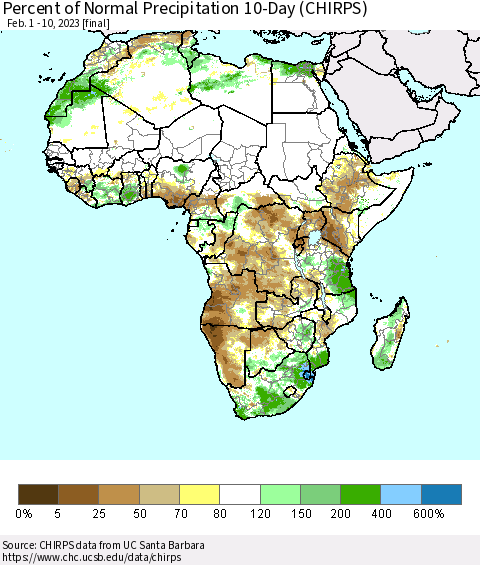Africa Percent of Normal Precipitation 10-Day (CHIRPS) Thematic Map For 2/1/2023 - 2/10/2023