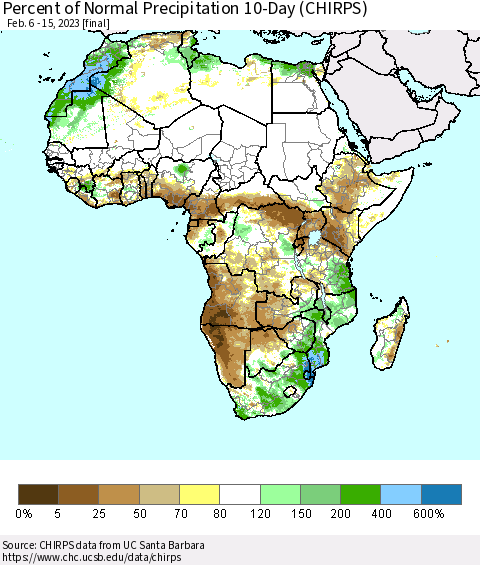 Africa Percent of Normal Precipitation 10-Day (CHIRPS) Thematic Map For 2/6/2023 - 2/15/2023