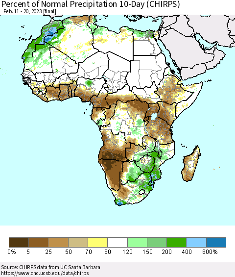 Africa Percent of Normal Precipitation 10-Day (CHIRPS) Thematic Map For 2/11/2023 - 2/20/2023