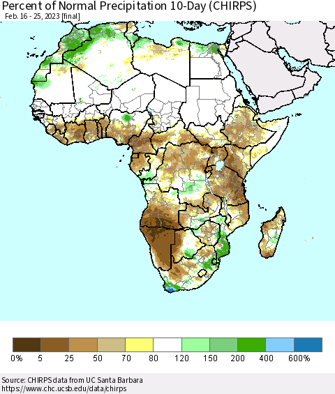 Africa Percent of Normal Precipitation 10-Day (CHIRPS) Thematic Map For 2/16/2023 - 2/25/2023
