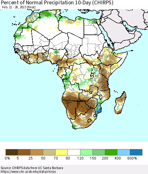 Africa Percent of Normal Precipitation 10-Day (CHIRPS) Thematic Map For 2/21/2023 - 2/28/2023