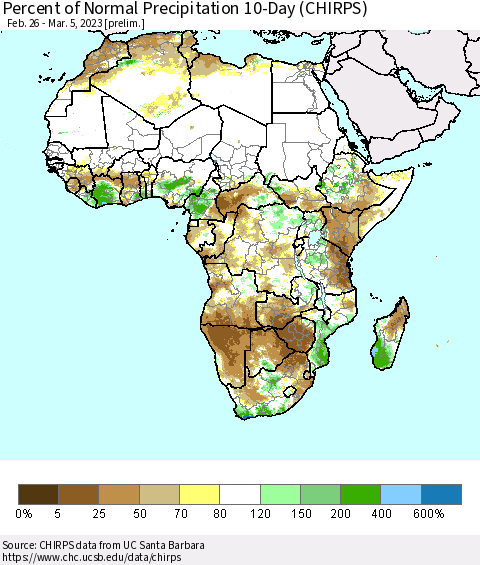 Africa Percent of Normal Precipitation 10-Day (CHIRPS) Thematic Map For 2/26/2023 - 3/5/2023