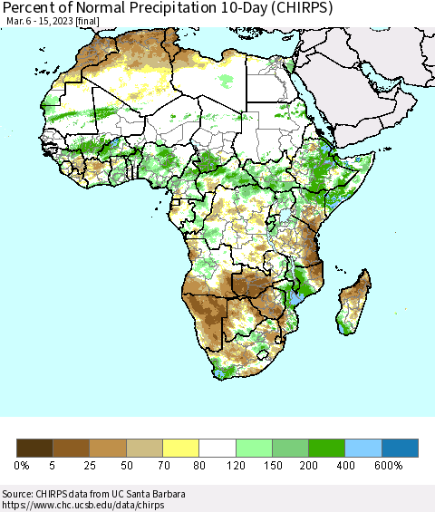 Africa Percent of Normal Precipitation 10-Day (CHIRPS) Thematic Map For 3/6/2023 - 3/15/2023
