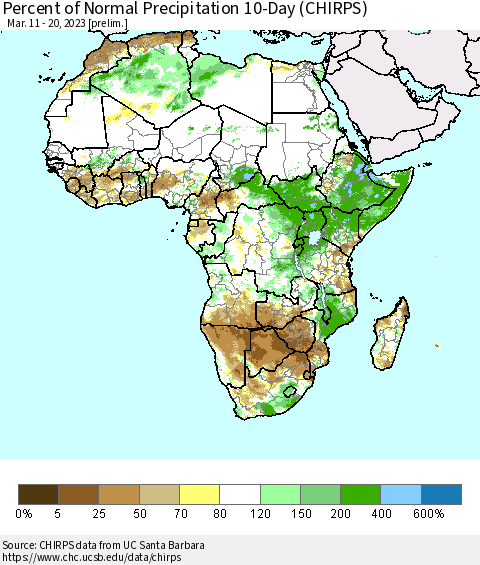 Africa Percent of Normal Precipitation 10-Day (CHIRPS) Thematic Map For 3/11/2023 - 3/20/2023
