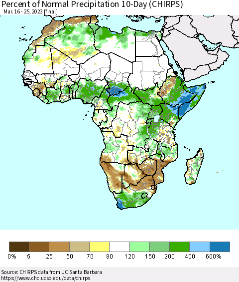 Africa Percent of Normal Precipitation 10-Day (CHIRPS) Thematic Map For 3/16/2023 - 3/25/2023