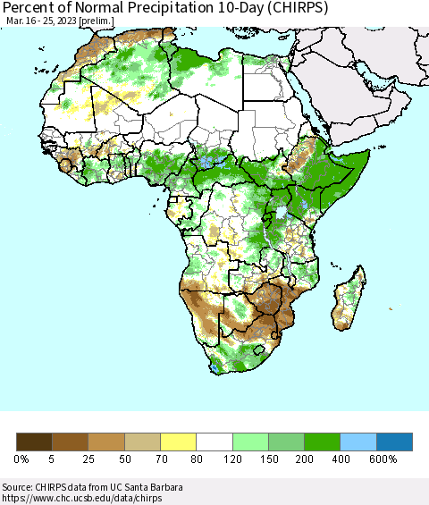 Africa Percent of Normal Precipitation 10-Day (CHIRPS) Thematic Map For 3/16/2023 - 3/25/2023