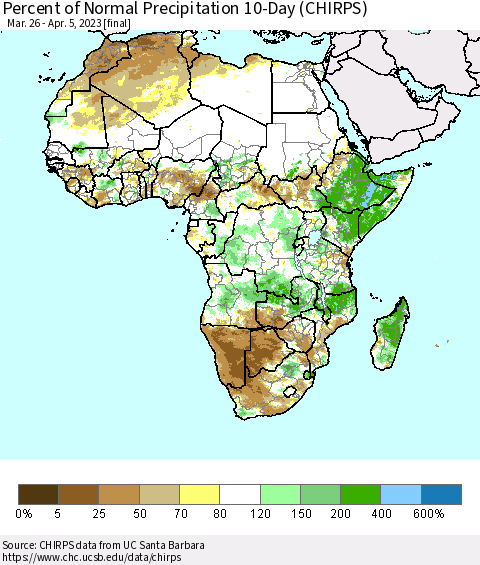 Africa Percent of Normal Precipitation 10-Day (CHIRPS) Thematic Map For 3/26/2023 - 4/5/2023