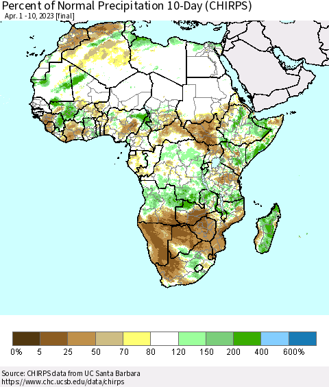 Africa Percent of Normal Precipitation 10-Day (CHIRPS) Thematic Map For 4/1/2023 - 4/10/2023