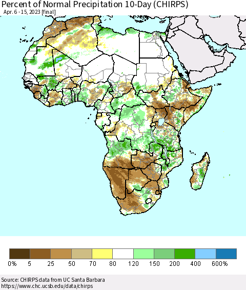 Africa Percent of Normal Precipitation 10-Day (CHIRPS) Thematic Map For 4/6/2023 - 4/15/2023
