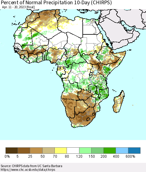 Africa Percent of Normal Precipitation 10-Day (CHIRPS) Thematic Map For 4/11/2023 - 4/20/2023