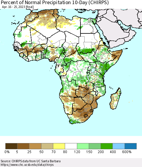 Africa Percent of Normal Precipitation 10-Day (CHIRPS) Thematic Map For 4/16/2023 - 4/25/2023