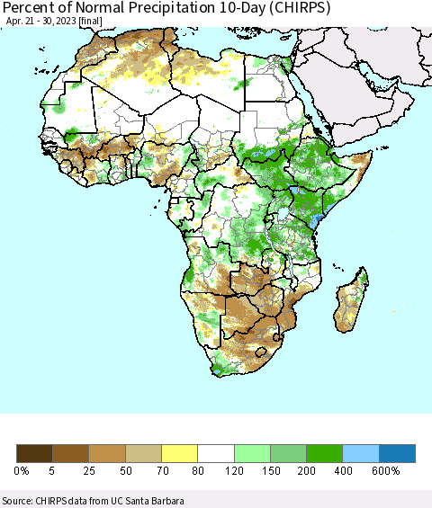 Africa Percent of Normal Precipitation 10-Day (CHIRPS) Thematic Map For 4/21/2023 - 4/30/2023