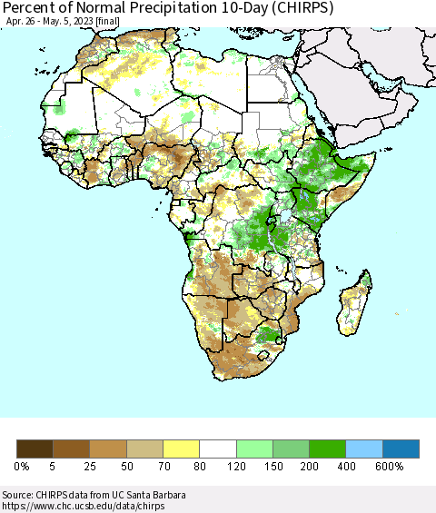 Africa Percent of Normal Precipitation 10-Day (CHIRPS) Thematic Map For 4/26/2023 - 5/5/2023