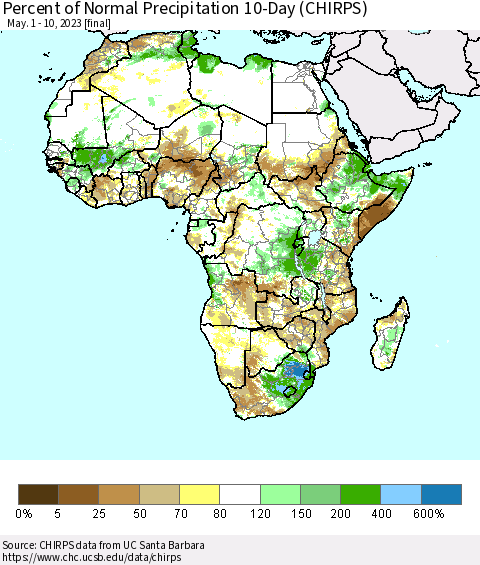 Africa Percent of Normal Precipitation 10-Day (CHIRPS) Thematic Map For 5/1/2023 - 5/10/2023