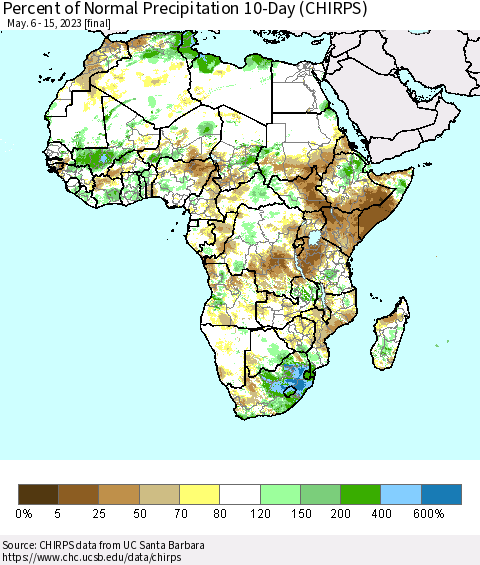 Africa Percent of Normal Precipitation 10-Day (CHIRPS) Thematic Map For 5/6/2023 - 5/15/2023