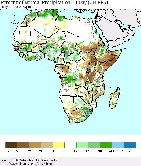Africa Percent of Normal Precipitation 10-Day (CHIRPS) Thematic Map For 5/11/2023 - 5/20/2023