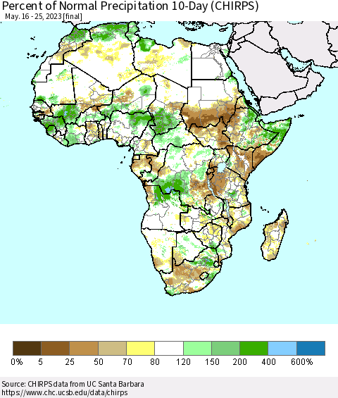 Africa Percent of Normal Precipitation 10-Day (CHIRPS) Thematic Map For 5/16/2023 - 5/25/2023