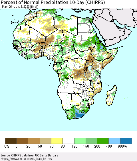 Africa Percent of Normal Precipitation 10-Day (CHIRPS) Thematic Map For 5/26/2023 - 6/5/2023