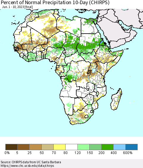 Africa Percent of Normal Precipitation 10-Day (CHIRPS) Thematic Map For 6/1/2023 - 6/10/2023