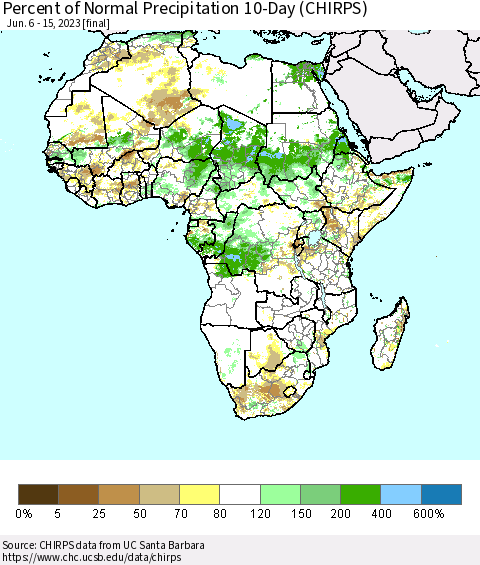 Africa Percent of Normal Precipitation 10-Day (CHIRPS) Thematic Map For 6/6/2023 - 6/15/2023