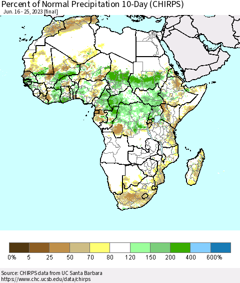 Africa Percent of Normal Precipitation 10-Day (CHIRPS) Thematic Map For 6/16/2023 - 6/25/2023