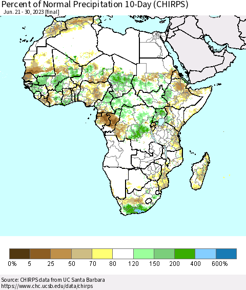 Africa Percent of Normal Precipitation 10-Day (CHIRPS) Thematic Map For 6/21/2023 - 6/30/2023