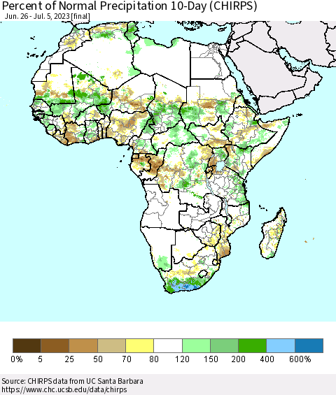 Africa Percent of Normal Precipitation 10-Day (CHIRPS) Thematic Map For 6/26/2023 - 7/5/2023