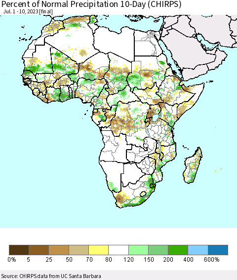 Africa Percent of Normal Precipitation 10-Day (CHIRPS) Thematic Map For 7/1/2023 - 7/10/2023