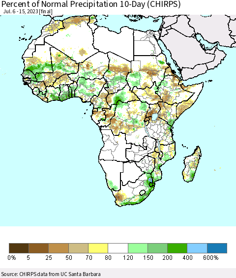 Africa Percent of Normal Precipitation 10-Day (CHIRPS) Thematic Map For 7/6/2023 - 7/15/2023