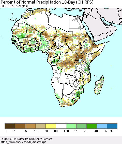 Africa Percent of Normal Precipitation 10-Day (CHIRPS) Thematic Map For 7/16/2023 - 7/25/2023