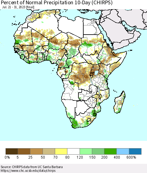 Africa Percent of Normal Precipitation 10-Day (CHIRPS) Thematic Map For 7/21/2023 - 7/31/2023
