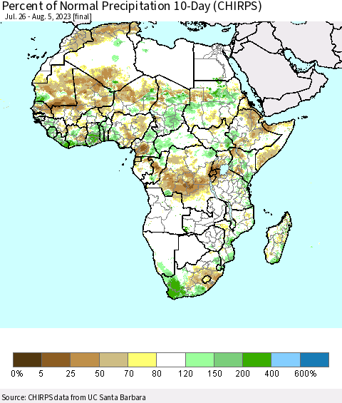 Africa Percent of Normal Precipitation 10-Day (CHIRPS) Thematic Map For 7/26/2023 - 8/5/2023