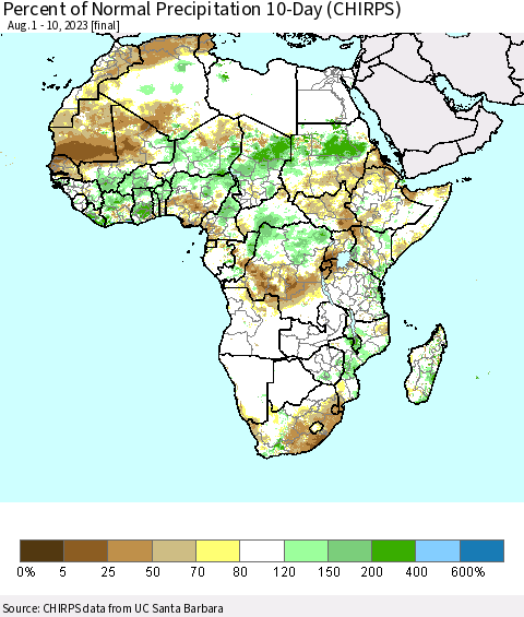 Africa Percent of Normal Precipitation 10-Day (CHIRPS) Thematic Map For 8/1/2023 - 8/10/2023