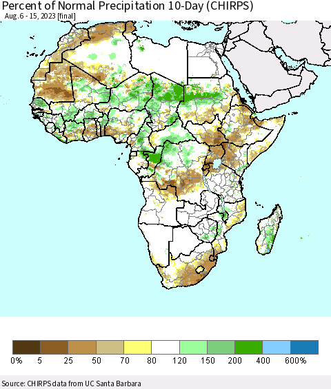 Africa Percent of Normal Precipitation 10-Day (CHIRPS) Thematic Map For 8/6/2023 - 8/15/2023