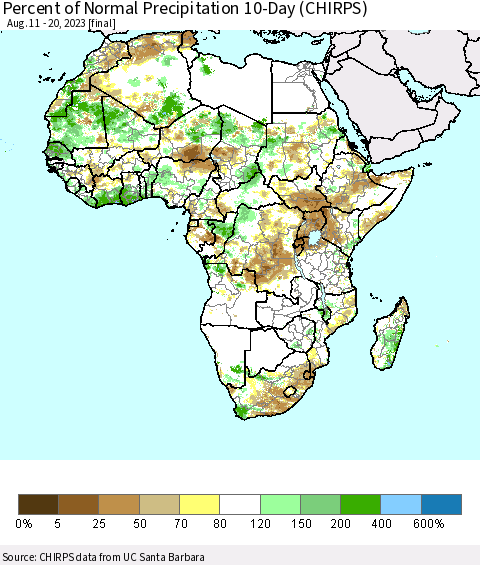 Africa Percent of Normal Precipitation 10-Day (CHIRPS) Thematic Map For 8/11/2023 - 8/20/2023