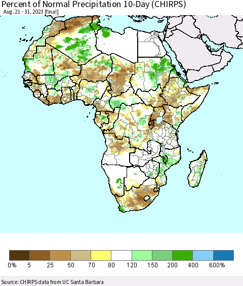 Africa Percent of Normal Precipitation 10-Day (CHIRPS) Thematic Map For 8/21/2023 - 8/31/2023