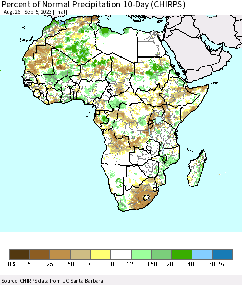 Africa Percent of Normal Precipitation 10-Day (CHIRPS) Thematic Map For 8/26/2023 - 9/5/2023
