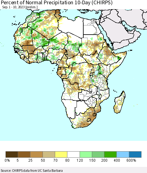 Africa Percent of Normal Precipitation 10-Day (CHIRPS) Thematic Map For 9/1/2023 - 9/10/2023