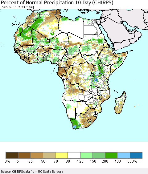 Africa Percent of Normal Precipitation 10-Day (CHIRPS) Thematic Map For 9/6/2023 - 9/15/2023