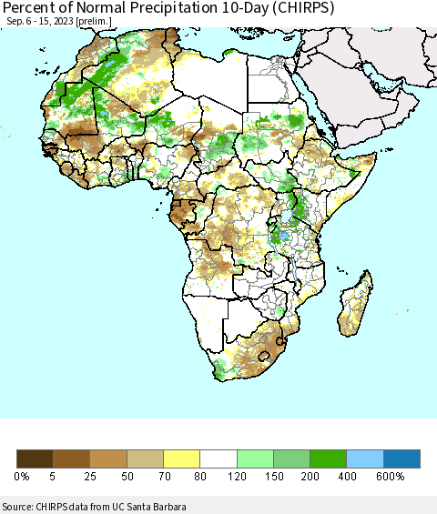 Africa Percent of Normal Precipitation 10-Day (CHIRPS) Thematic Map For 9/6/2023 - 9/15/2023