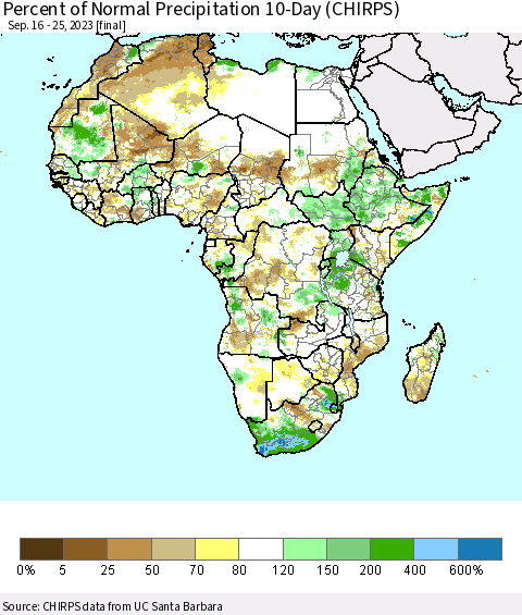 Africa Percent of Normal Precipitation 10-Day (CHIRPS) Thematic Map For 9/16/2023 - 9/25/2023