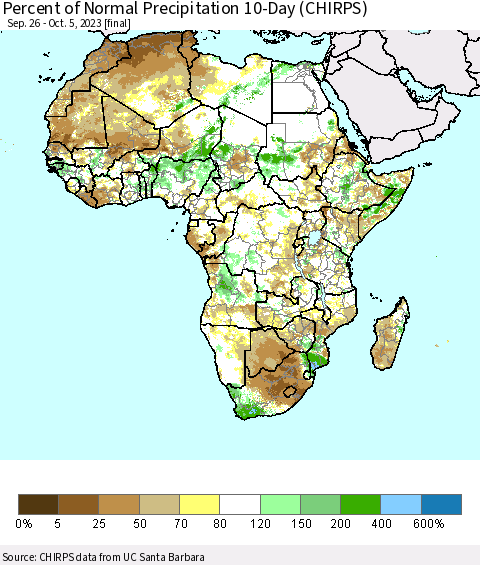 Africa Percent of Normal Precipitation 10-Day (CHIRPS) Thematic Map For 9/26/2023 - 10/5/2023