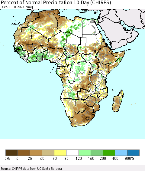 Africa Percent of Normal Precipitation 10-Day (CHIRPS) Thematic Map For 10/1/2023 - 10/10/2023