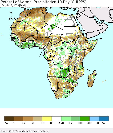 Africa Percent of Normal Precipitation 10-Day (CHIRPS) Thematic Map For 10/6/2023 - 10/15/2023