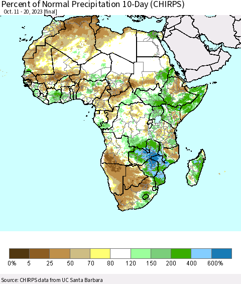 Africa Percent of Normal Precipitation 10-Day (CHIRPS) Thematic Map For 10/11/2023 - 10/20/2023