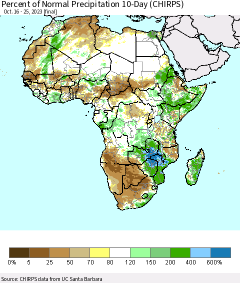 Africa Percent of Normal Precipitation 10-Day (CHIRPS) Thematic Map For 10/16/2023 - 10/25/2023