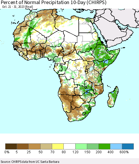 Africa Percent of Normal Precipitation 10-Day (CHIRPS) Thematic Map For 10/21/2023 - 10/31/2023