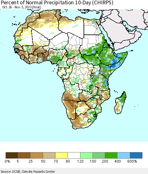 Africa Percent of Normal Precipitation 10-Day (CHIRPS) Thematic Map For 10/26/2023 - 11/5/2023