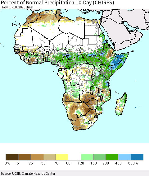 Africa Percent of Normal Precipitation 10-Day (CHIRPS) Thematic Map For 11/1/2023 - 11/10/2023